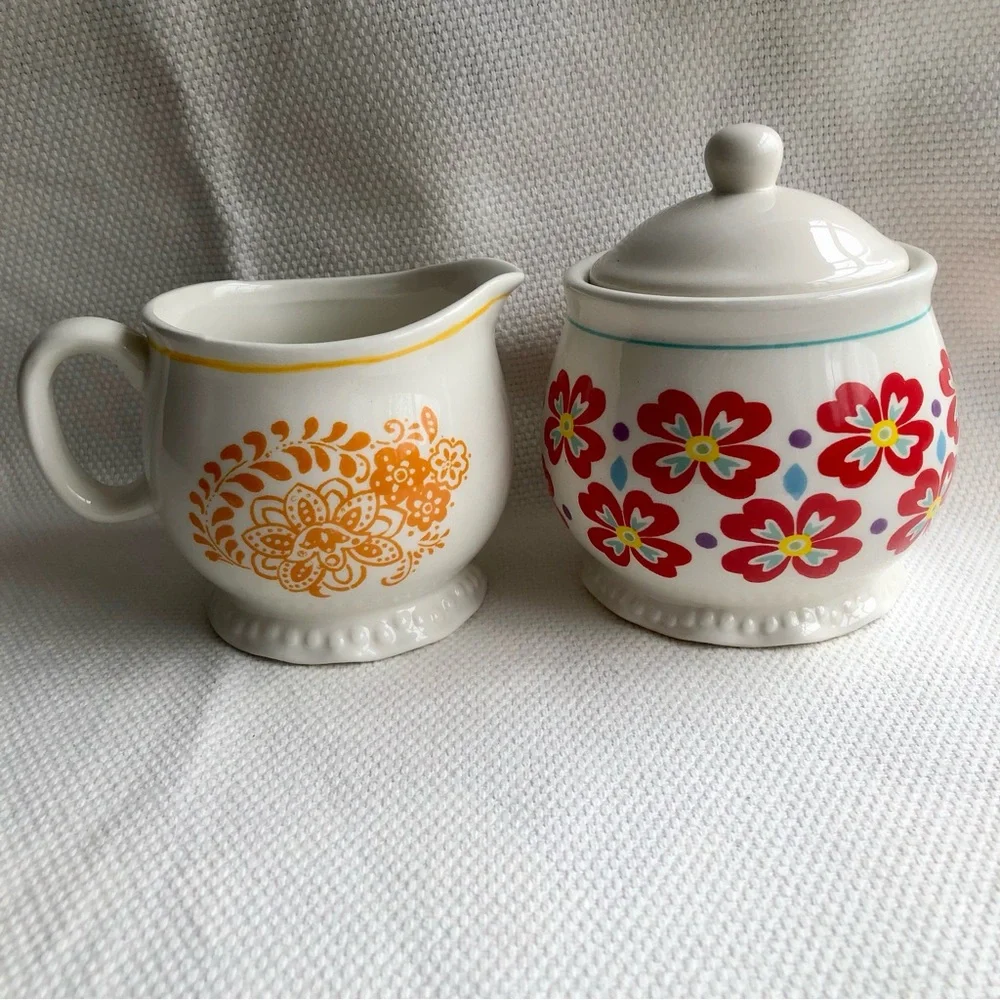 Pioneer Woman Flea Market Creamer and Sugar Bowl Set Ceramic